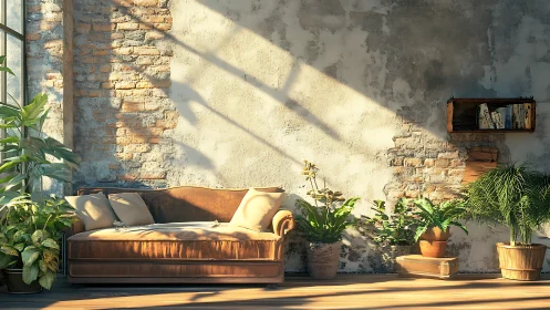 Sunlit velvet sofa in rustic loft with lush indoor plants.