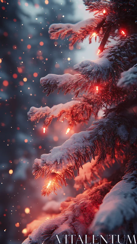 Snow-dusted fir glows with ember-bright winter fairy lights.