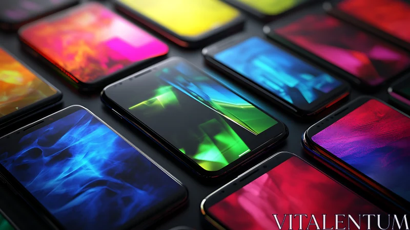Array of modern smartphones with vivid abstract displays.