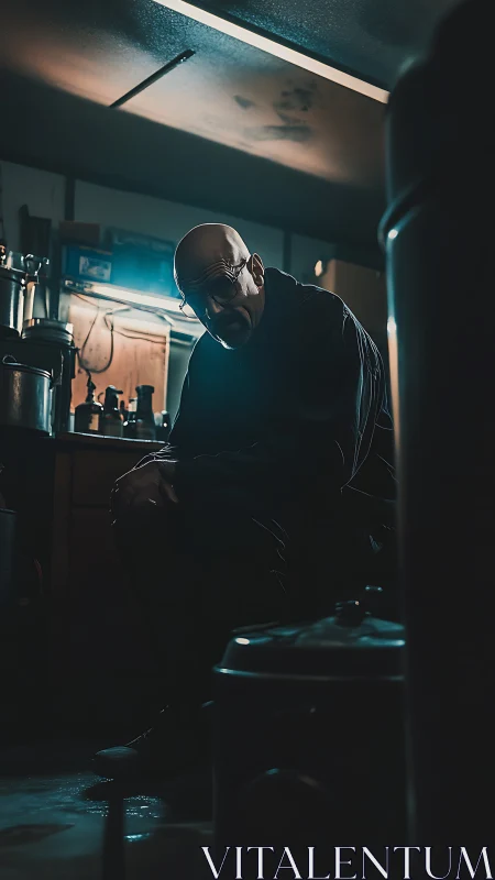 Low-key cinematic portrait in moody laboratory interior lighting.
