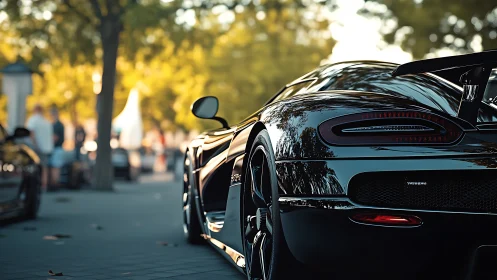 Rear view shows parked black sports car on tree-lined street