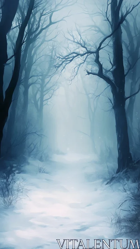 Quiet winter forest path invites a calm, misty wander