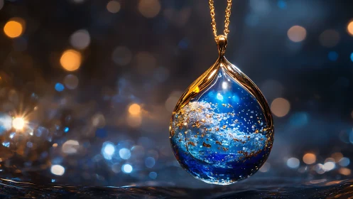 Gleaming galaxy pendant floats in dreamy blue bokeh glow
