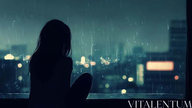 Girl silhouette watching rainy city lights at night.