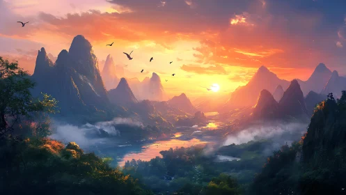 Radiant sunset over misty fantasy mountain valley panorama.