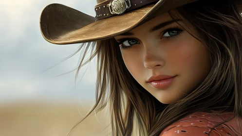 Digital portrait of young woman in wide-brimmed cowboy hat.