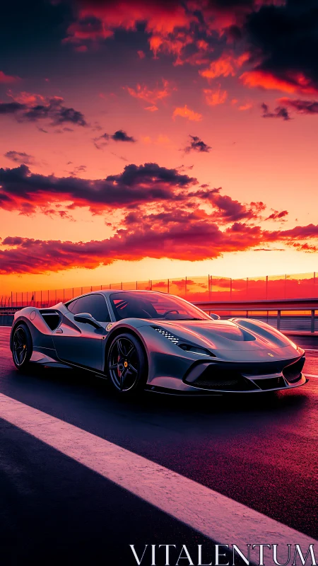 Supercar cuts racing line beneath neon sunset sky.