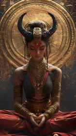 Horned warrior priestess in ornate golden meditation pose.