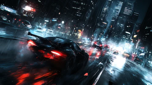 Supercar slices through neon rain on slick night freeway.