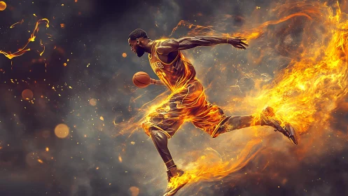 Fiery basketball player in midair leap with blazing motion trail.