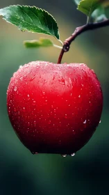 Photorealistic macro of dewy red apple on branch, vertical study.