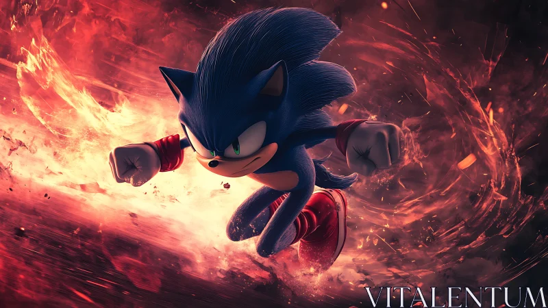 Supersonic blue hedgehog traversing incandescent vortex field.