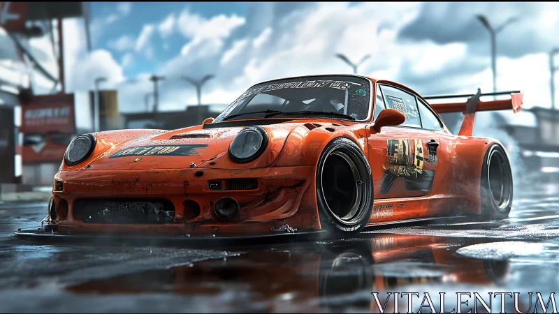 Orange widebody race car in wet urban parking lot scene.