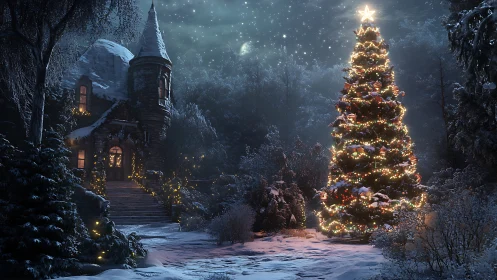 Starlit Christmas tree glows beside a storybook snowy cottage