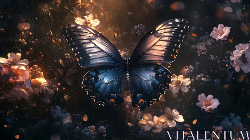 Iridescent nocturnal butterfly amid bioluminescent blooms.