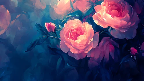 Pink Peonies Against Moody Teal Blue Atmospheric Background