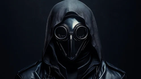 Mysterious hooded figure wears sleek futuristic gas mask