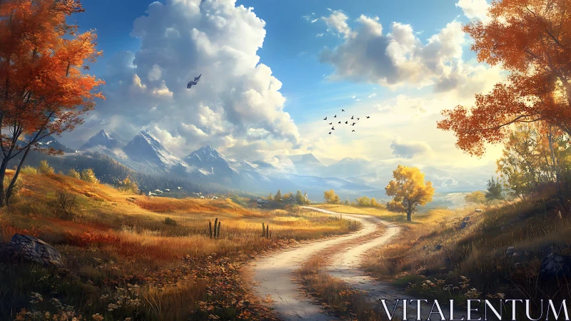 Autumn mountain valley with winding rural road at sunrise.