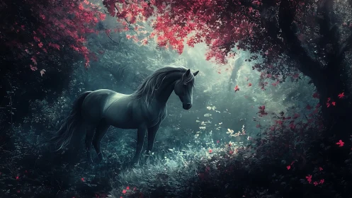 Moonlit forest stallion beneath a crimson leaf halo.