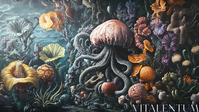 Surreal jellyfish garden within bioluminescent reef ecology.