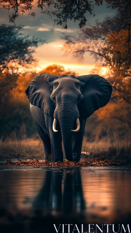 Elephant stands in shallow water under evening sky