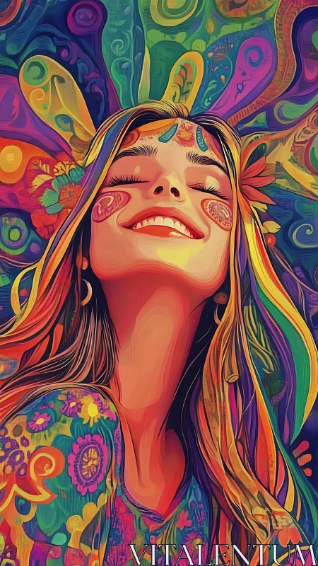 Smiling woman in vivid psychedelic digital portrait.