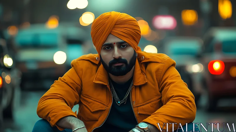City glow portrait of man in orange turban at dusk.