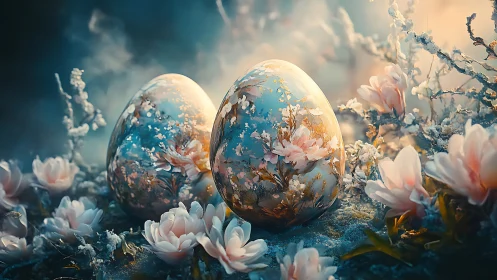 Floral porcelain eggs glow in a misty enchanted garden.