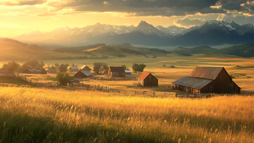 Golden farm valley glows gently beneath distant blue mountains