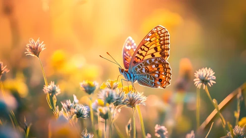 Butterfly rests on wildflower amid shallow-depth meadow field