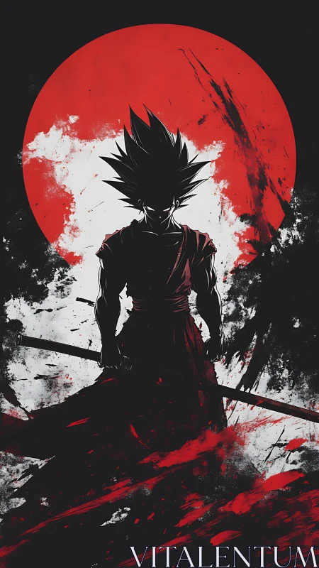 Silhouetted swordsman stands before a textured red circle