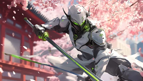 Cybernetic swordsman lunges under cherry blossoms with neon-lit blade