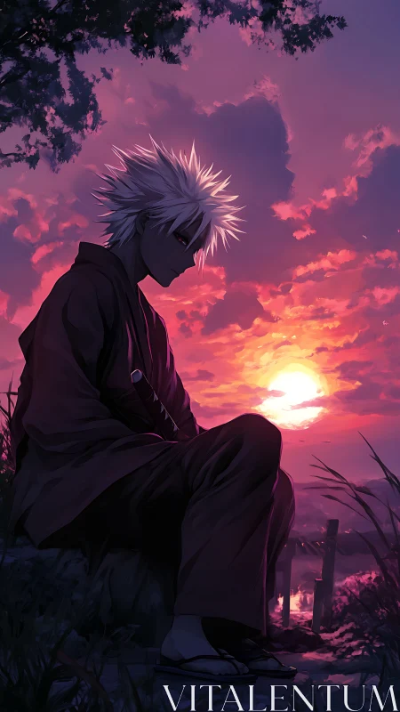 Solitary silver-haired samurai in high-saturation sunset field.