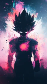 Neon-charged warrior silhouette explodes with cosmic energy.