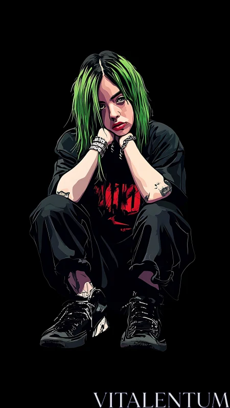 Seated green haired figure in dark clothing on black field.
