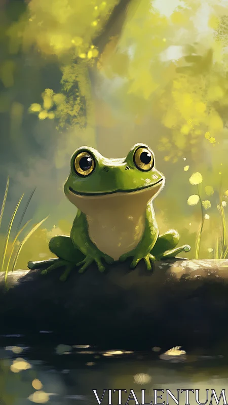 Bright-eyed green frog rests on a sunlit forest log.