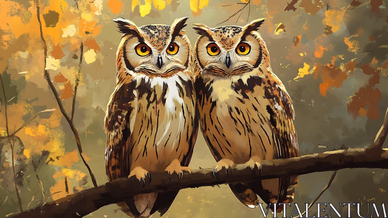 Two Realistic Owls on Branch in Autumn Forest Digital Painting.