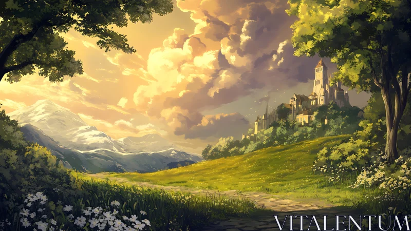 Sunlit alpine meadow with distant hilltop castle at dusk