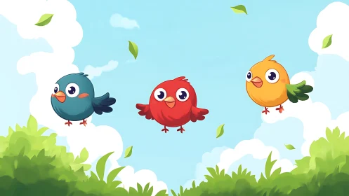 Cartoon songbirds glide above bright spring canopy.