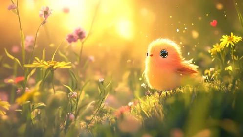 Sunlit baby bird enjoys a dreamy walk through wildflowers