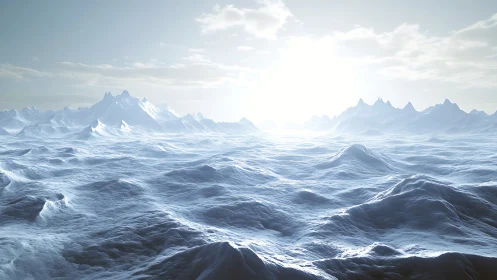 Sunlit frozen terrain with distant mountain ridges under sky.