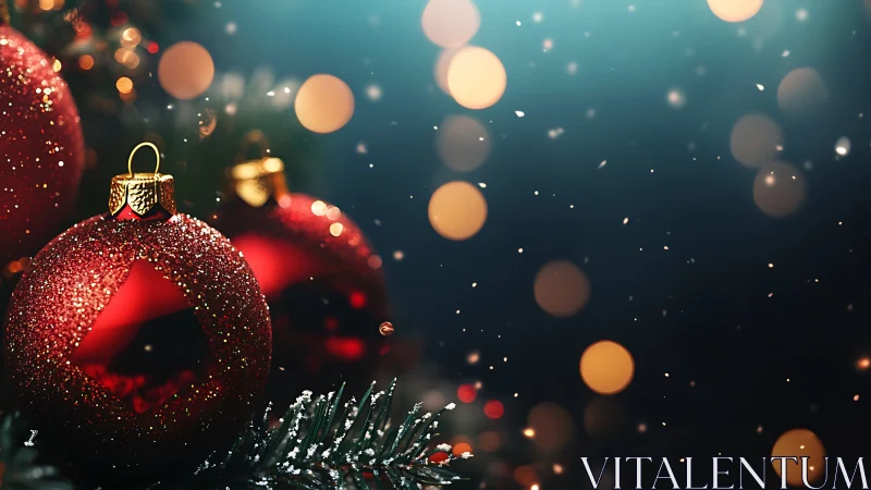 Macro view of red glitter baubles with bokeh Christmas lights