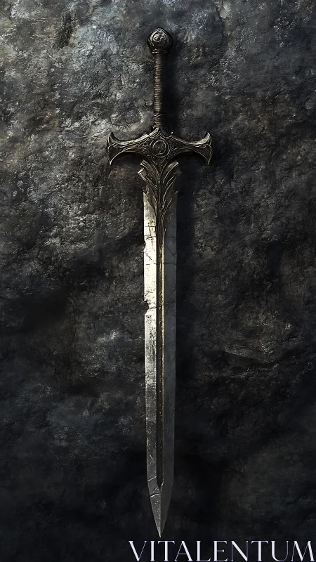 Ornate two handed longsword on textured stone background.