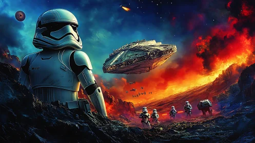 Stormtroopers on a blazing alien battlefield in space.