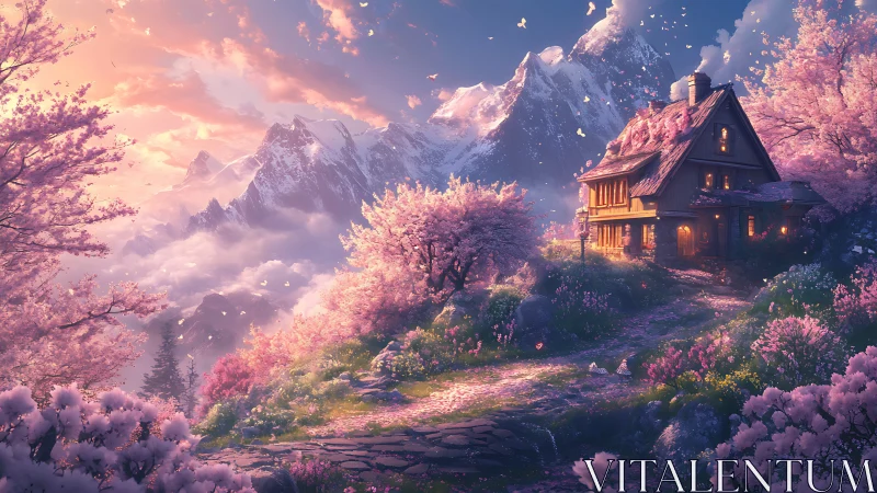 Gentle spring cabin rests under glowing pink mountain skies