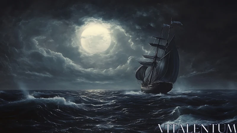 Moonlit storm seascape with lone tall ship under clouds.