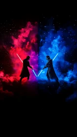 Dual neon sabers dividing chromatic cosmic battlefield.