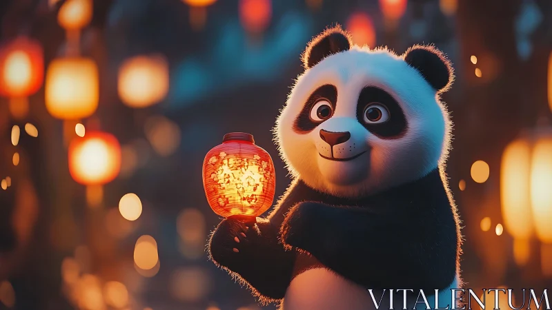 Cute panda holds glowing lantern amid vibrant bokeh night.