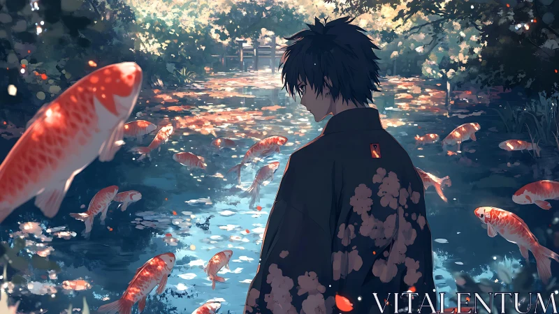 Figure in dark robe stands beside pond with numerous koi