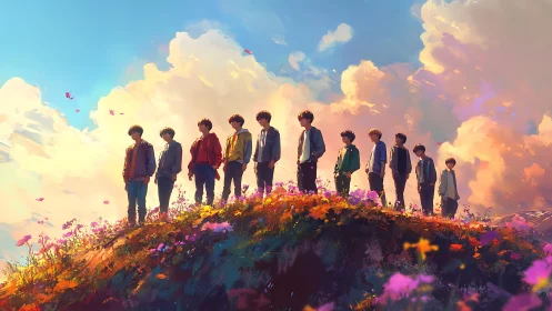 Ten silhouetted youths on flowered hill under sunset sky.